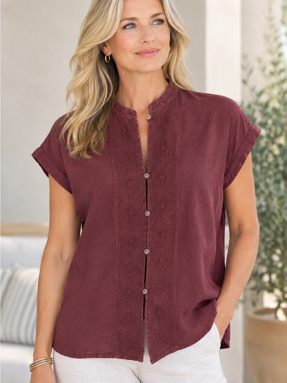 MaxMara Brown Short-Sleeve Button-Front Embroidered Blouse